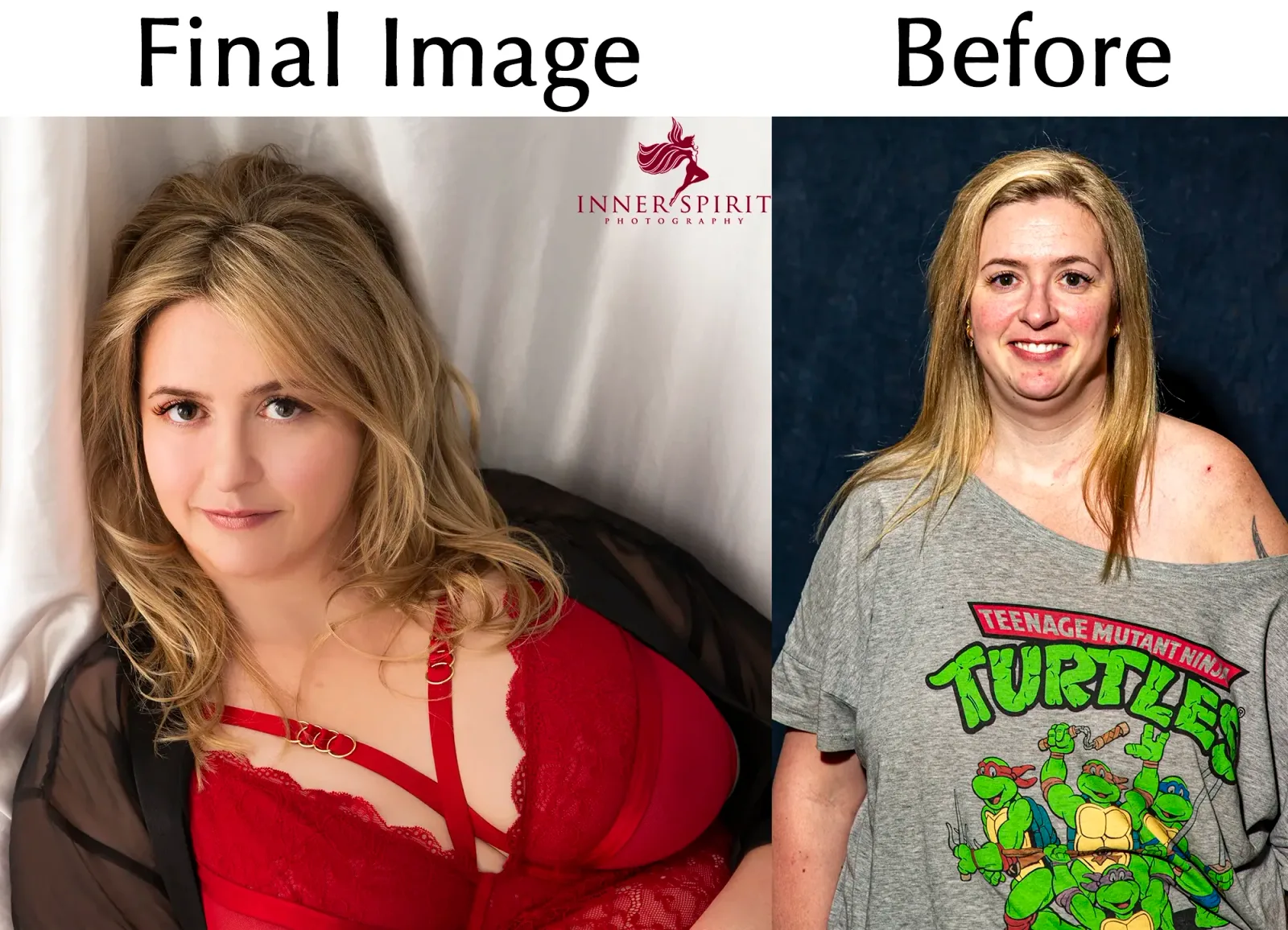 Before and after of Rosemarie's Calgary boudoir photography session with Inner Spirit Photography.